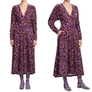 NWT La DoubleJ Small Kenny Dress Ortica Floral Velvet Stretch Midi V Neck Flaw